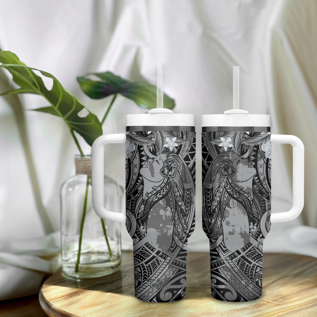 Pacific Beauty Girl Tumbler With Handle Black Polyneisan Tribal Vintage Motif