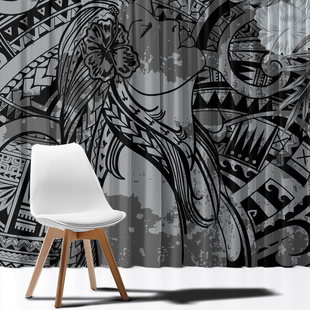 Pacific Beauty Girl Window Curtain Black Polyneisan Tribal Vintage Motif