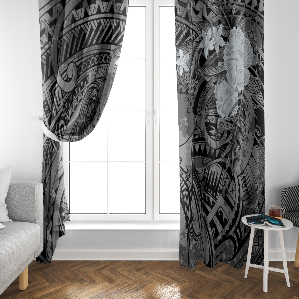 Pacific Beauty Girl Window Curtain Black Polyneisan Tribal Vintage Motif