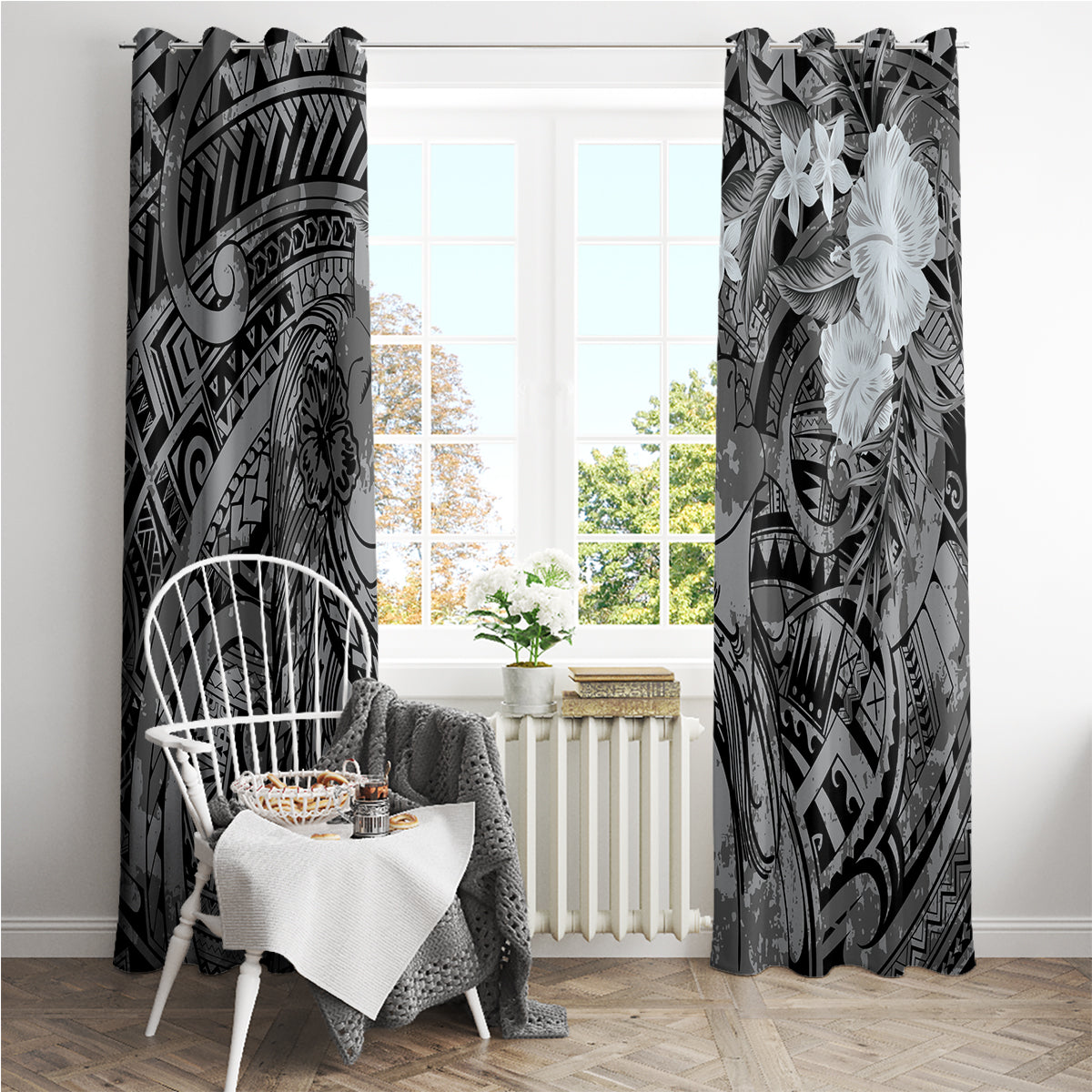 Pacific Beauty Girl Window Curtain Black Polyneisan Tribal Vintage Motif