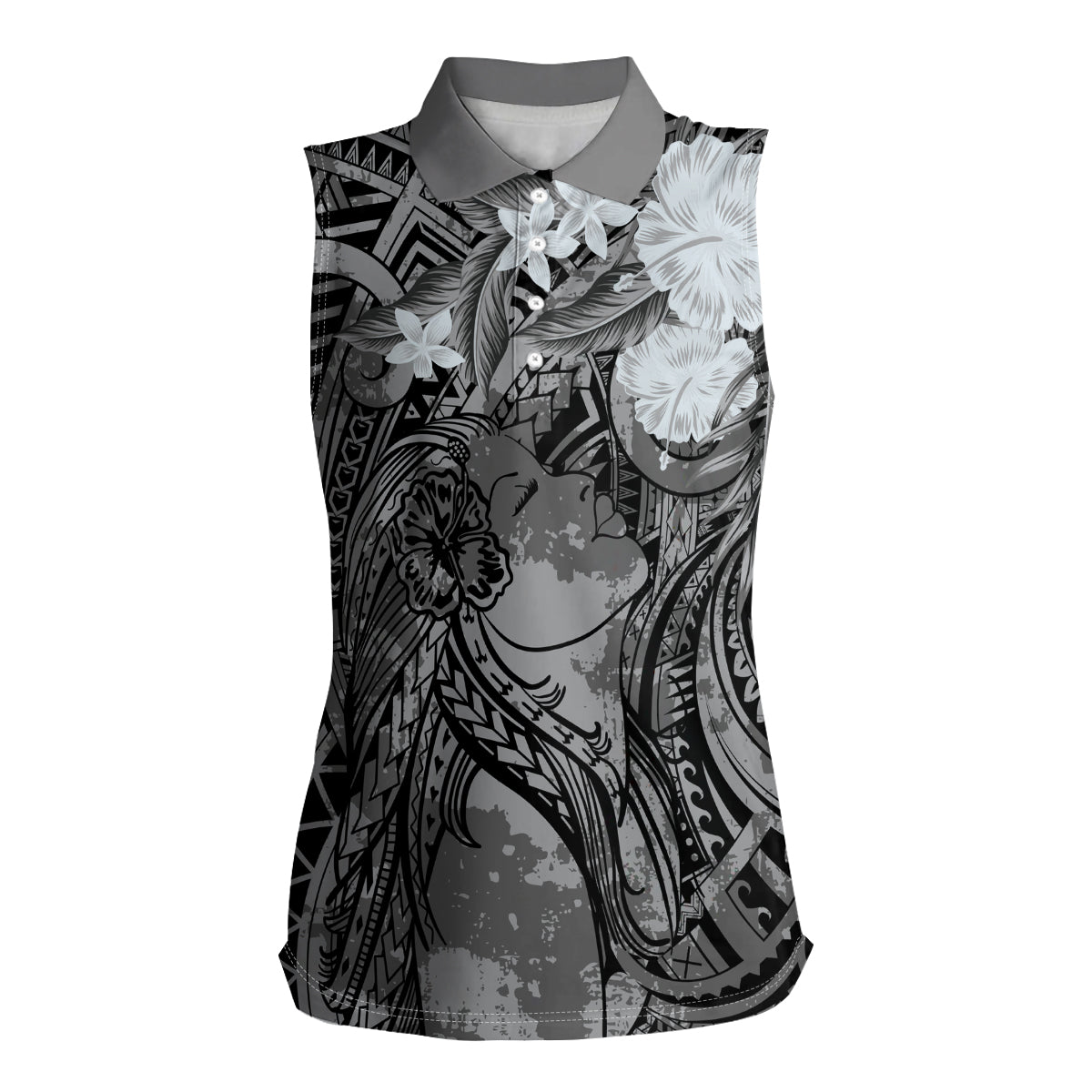 Pacific Beauty Girl Women Sleeveless Polo Shirt Black Polyneisan Tribal Vintage Motif LT9 Female Black - Polynesian Pride