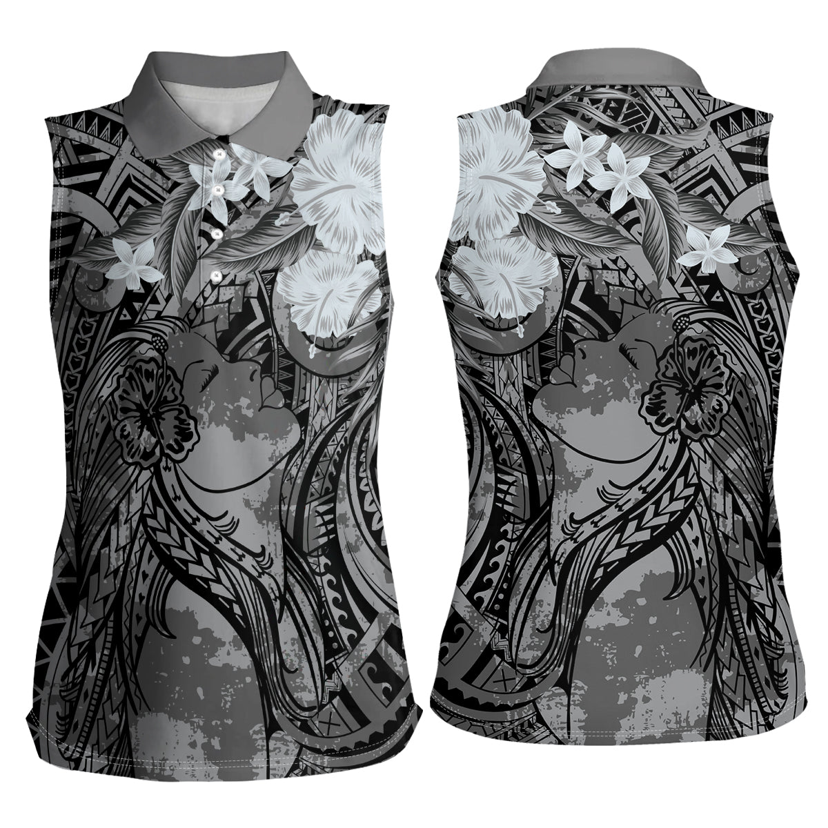 Pacific Beauty Girl Women Sleeveless Polo Shirt Black Polyneisan Tribal Vintage Motif LT9 - Polynesian Pride