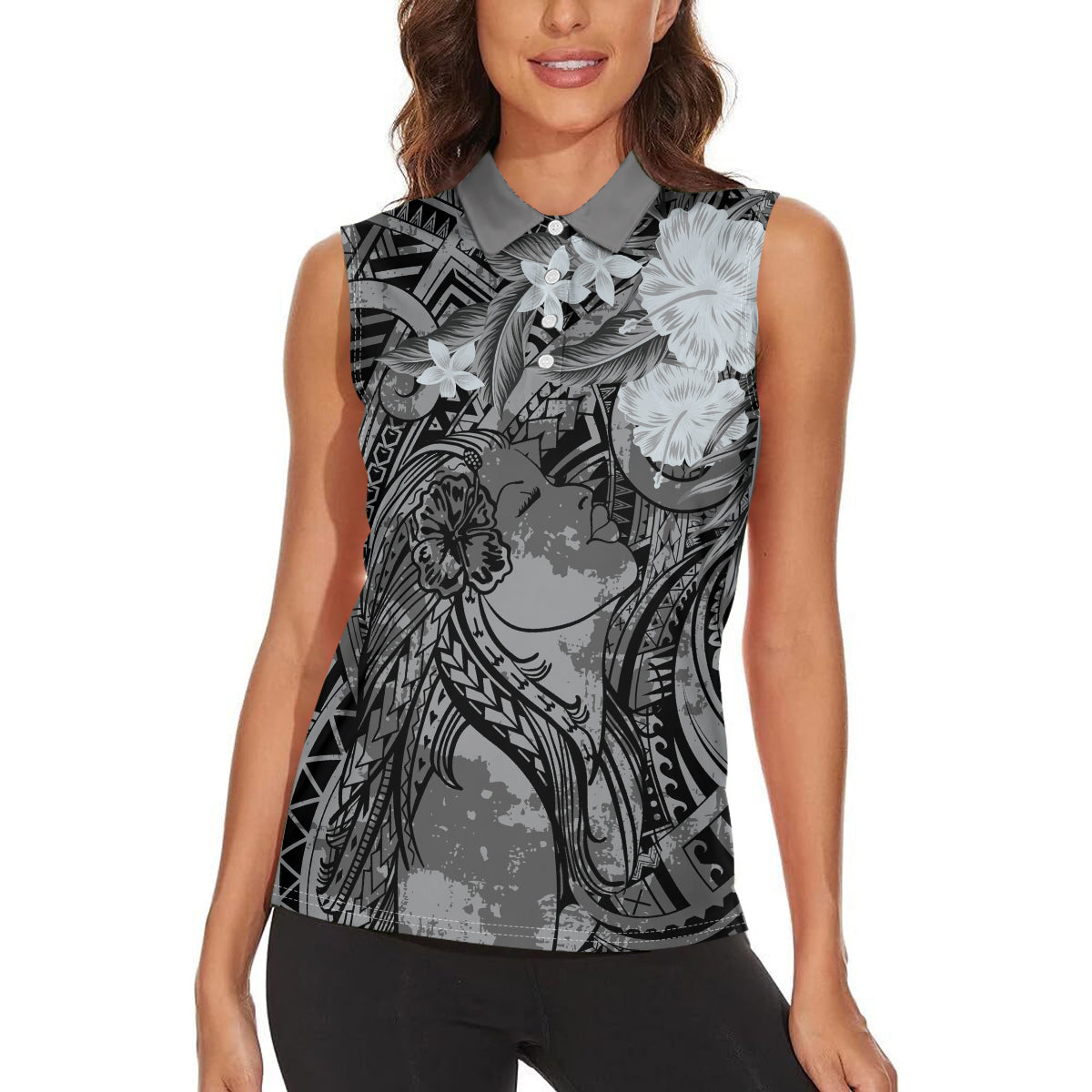 Pacific Beauty Girl Women Sleeveless Polo Shirt Black Polyneisan Tribal Vintage Motif LT9 - Polynesian Pride