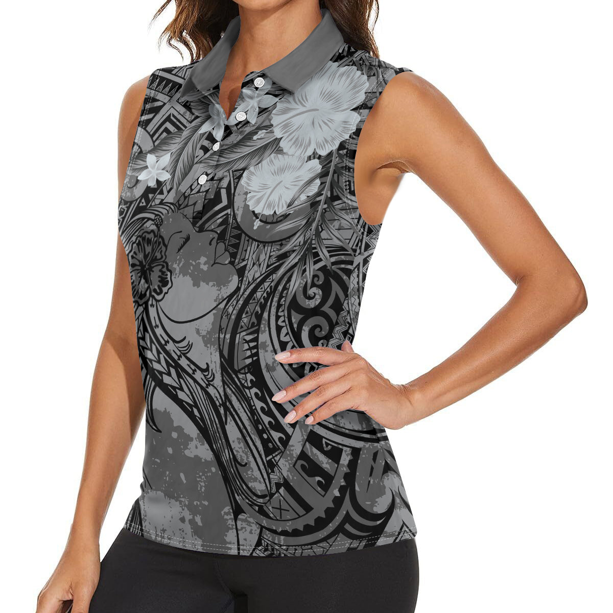 Pacific Beauty Girl Women Sleeveless Polo Shirt Black Polyneisan Tribal Vintage Motif LT9 - Polynesian Pride