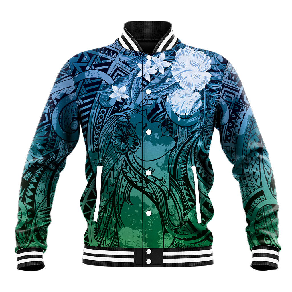 Pacific Beauty Girl Baseball Jacket Blue Polyneisan Tribal Vintage Motif