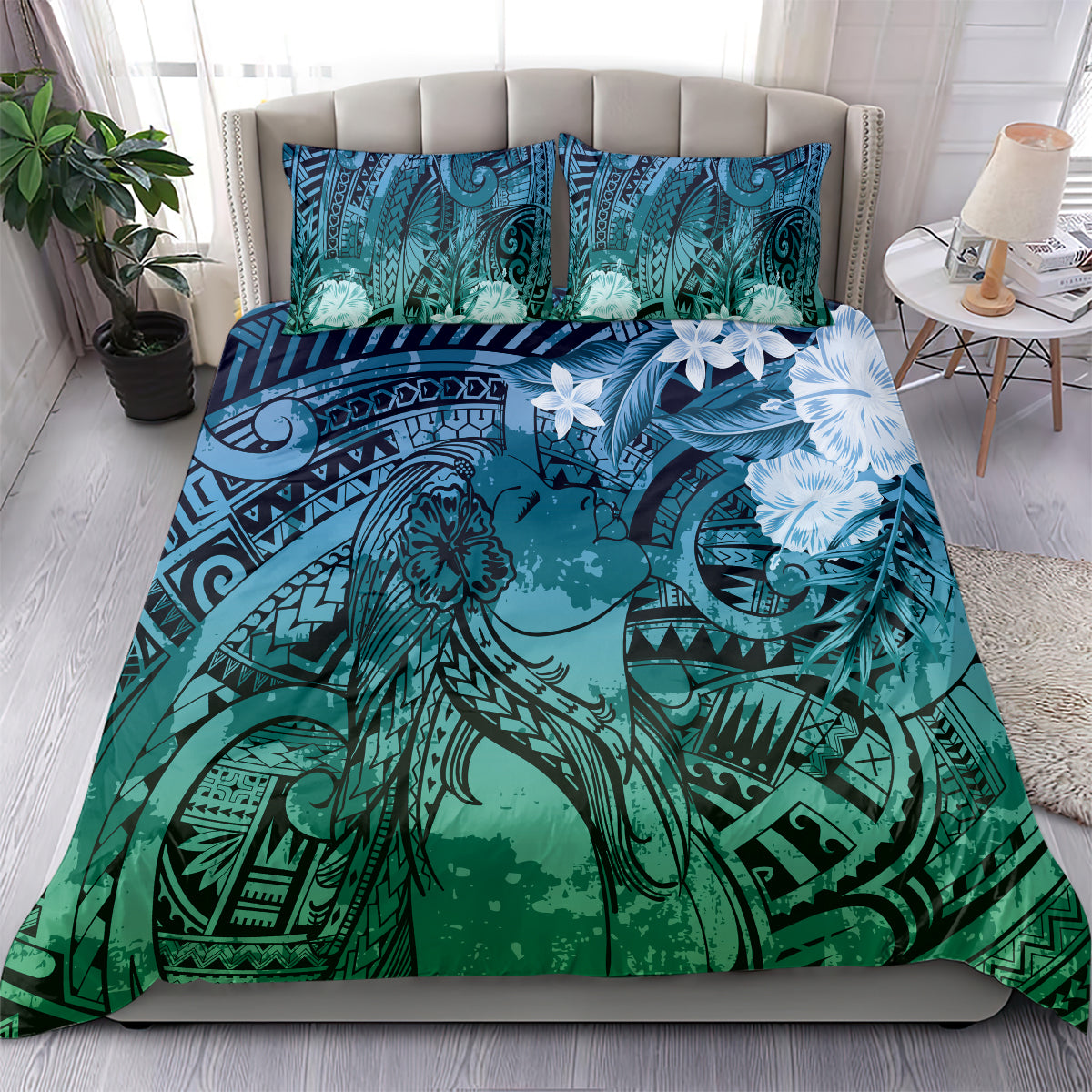 Pacific Beauty Girl Bedding Set Blue Polyneisan Tribal Vintage Motif