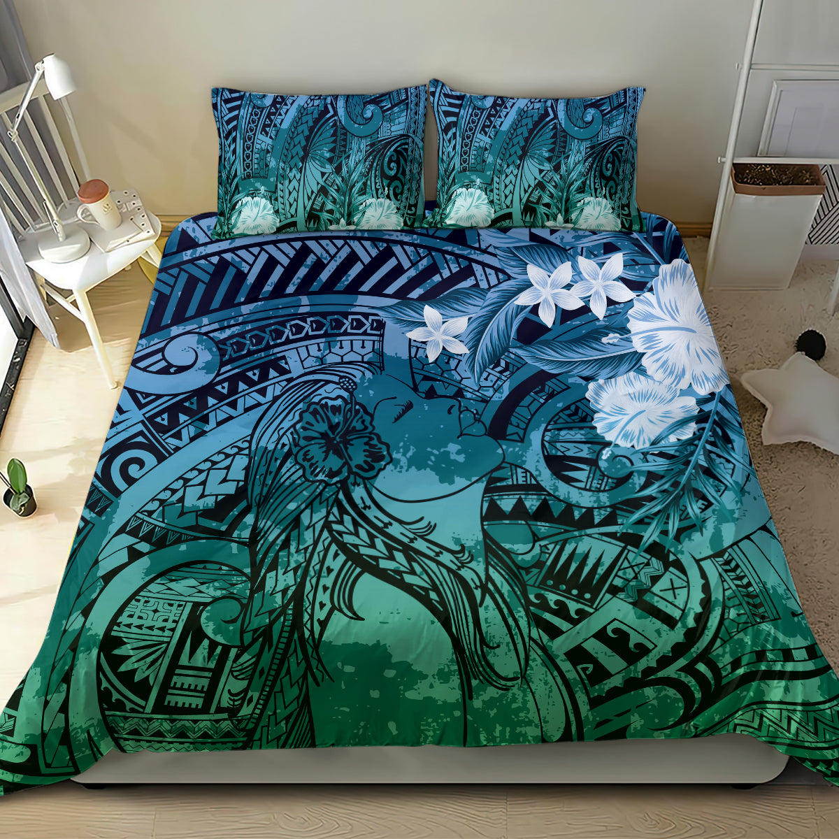 Pacific Beauty Girl Bedding Set Blue Polyneisan Tribal Vintage Motif