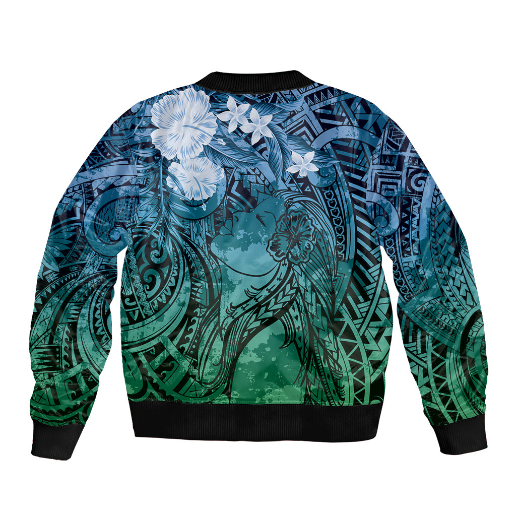 Pacific Beauty Girl Bomber Jacket Blue Polyneisan Tribal Vintage Motif