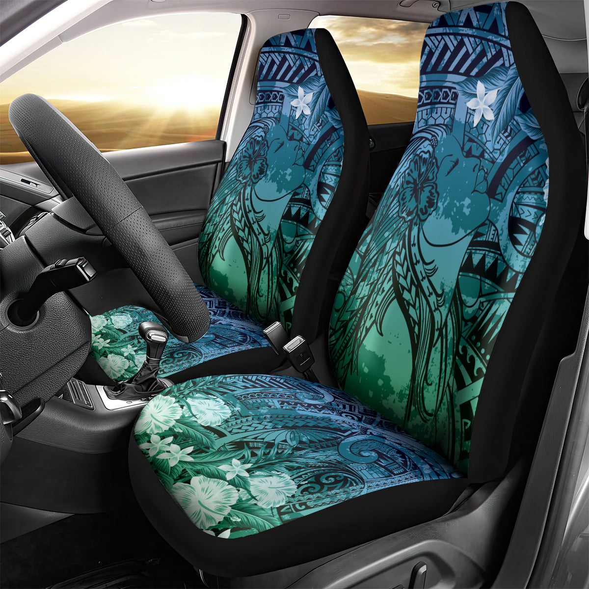 Pacific Beauty Girl Car Seat Cover Blue Polyneisan Tribal Vintage Motif