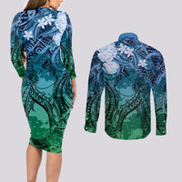 Pacific Beauty Girl Couples Matching Long Sleeve Bodycon Dress and Long Sleeve Button Shirt Blue Polyneisan Tribal Vintage Motif LT9 - Polynesian Pride