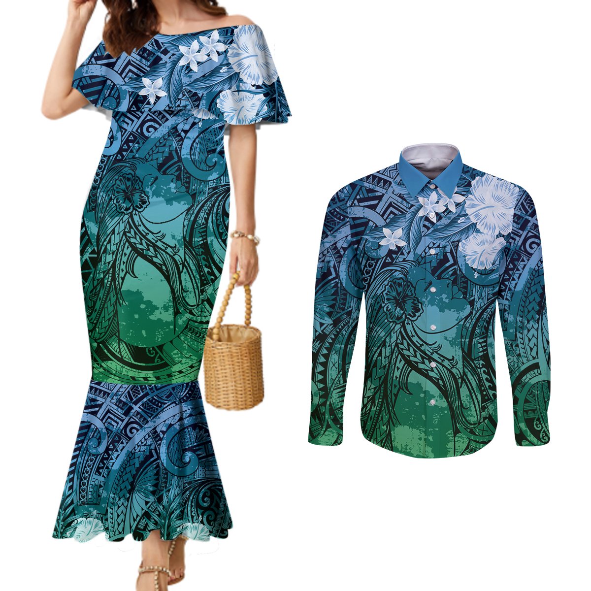Pacific Beauty Girl Couples Matching Mermaid Dress and Long Sleeve Button Shirt Blue Polyneisan Tribal Vintage Motif LT9 Blue - Polynesian Pride