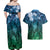 Pacific Beauty Girl Couples Matching Off Shoulder Maxi Dress and Hawaiian Shirt Blue Polyneisan Tribal Vintage Motif