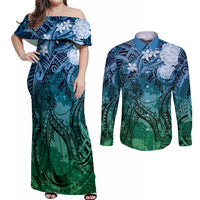 Pacific Beauty Girl Couples Matching Off Shoulder Maxi Dress and Long Sleeve Button Shirt Blue Polyneisan Tribal Vintage Motif LT9 Blue - Polynesian Pride