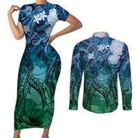 Pacific Beauty Girl Couples Matching Short Sleeve Bodycon Dress and Long Sleeve Button Shirt Blue Polyneisan Tribal Vintage Motif LT9 Blue - Polynesian Pride