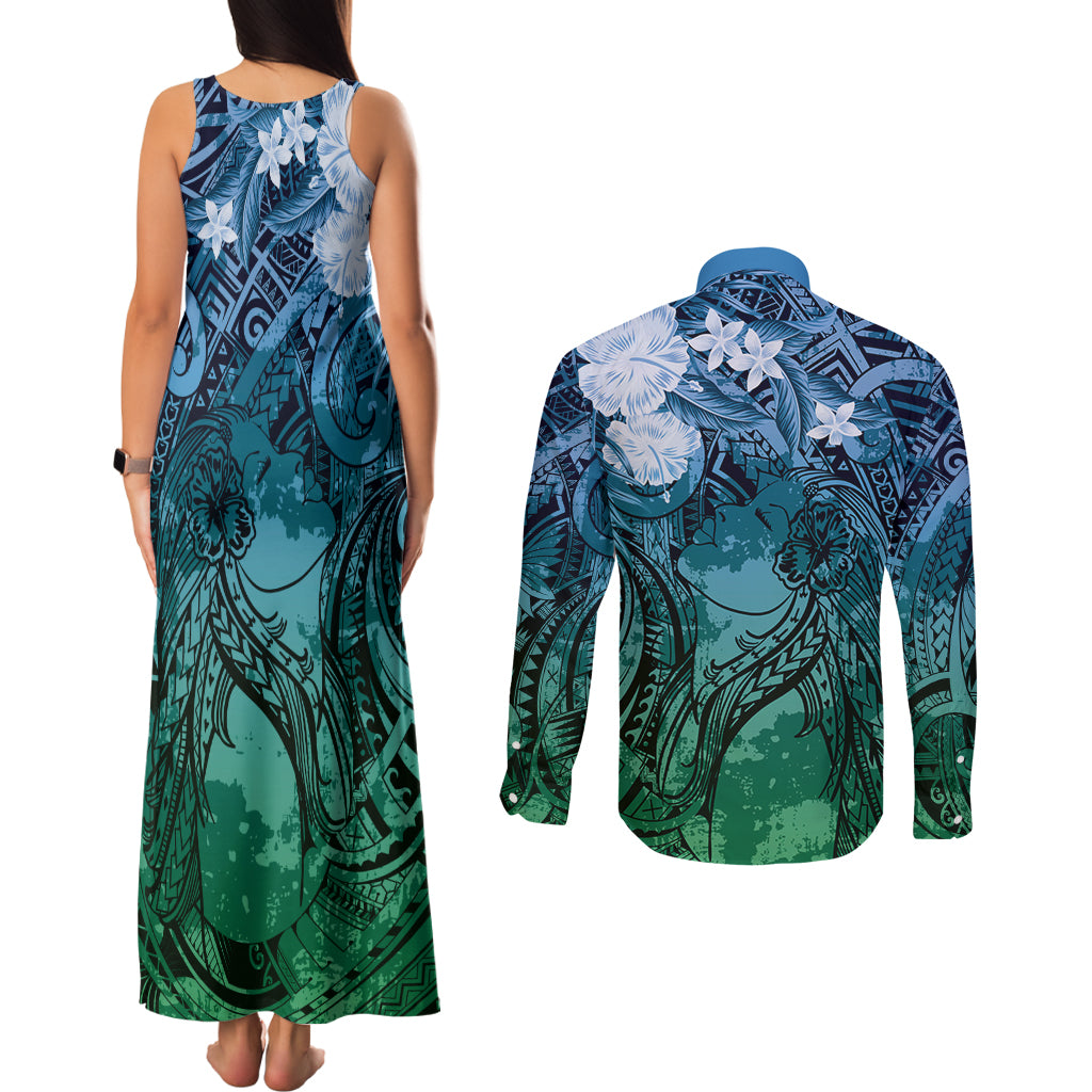 Pacific Beauty Girl Couples Matching Tank Maxi Dress and Long Sleeve Button Shirt Blue Polyneisan Tribal Vintage Motif LT9 - Polynesian Pride
