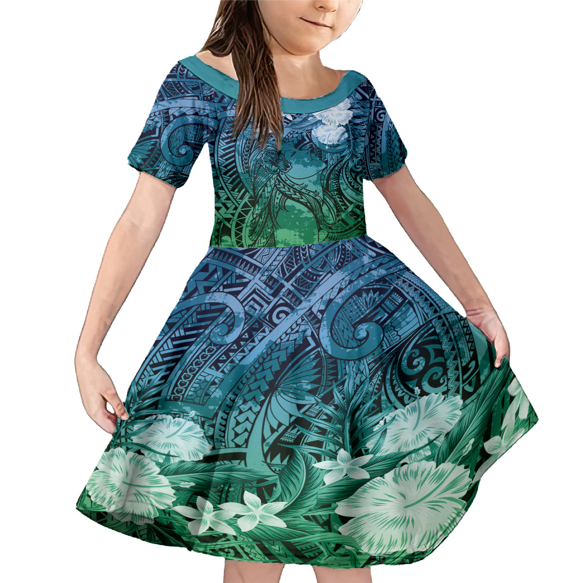 Pacific Beauty Girl Family Matching Mermaid Dress and Hawaiian Shirt Blue Polyneisan Tribal Vintage Motif