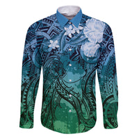 Pacific Beauty Girl Family Matching Mermaid Dress and Hawaiian Shirt Blue Polyneisan Tribal Vintage Motif