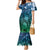 Pacific Beauty Girl Family Matching Mermaid Dress and Hawaiian Shirt Blue Polyneisan Tribal Vintage Motif