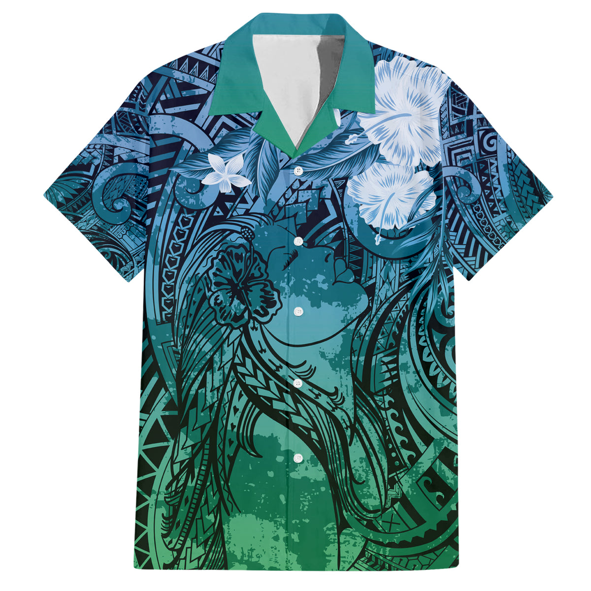 Pacific Beauty Girl Family Matching Short Sleeve Bodycon Dress and Hawaiian Shirt Blue Polyneisan Tribal Vintage Motif
