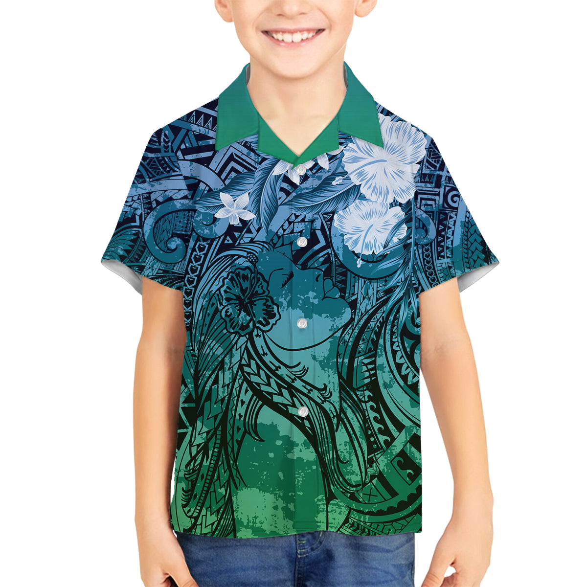 Pacific Beauty Girl Family Matching Tank Maxi Dress and Hawaiian Shirt Blue Polyneisan Tribal Vintage Motif