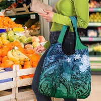 Pacific Beauty Girl Grocery Bag Blue Polyneisan Tribal Vintage Motif