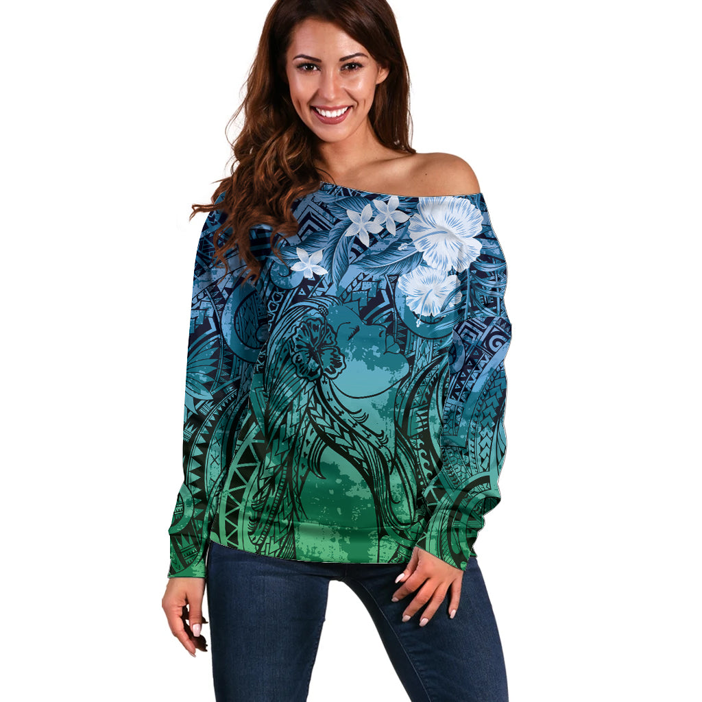 Pacific Beauty Girl Off Shoulder Sweater Blue Polyneisan Tribal Vintage Motif