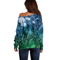 Pacific Beauty Girl Off Shoulder Sweater Blue Polyneisan Tribal Vintage Motif