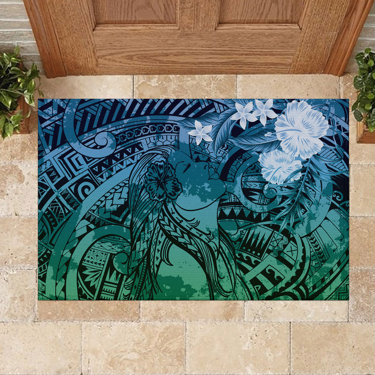 Pacific Beauty Girl Rubber Doormat Blue Polyneisan Tribal Vintage Motif