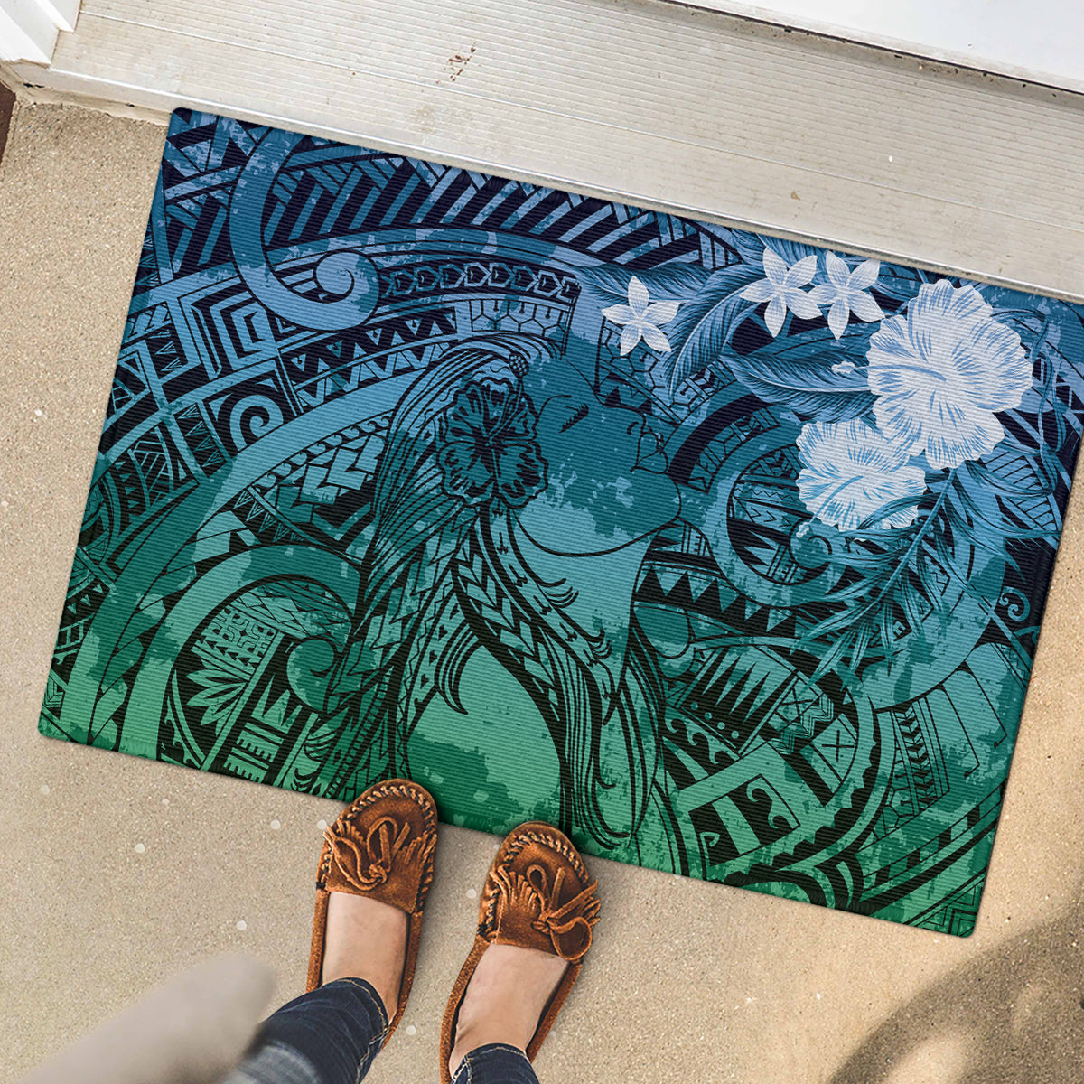 Pacific Beauty Girl Rubber Doormat Blue Polyneisan Tribal Vintage Motif
