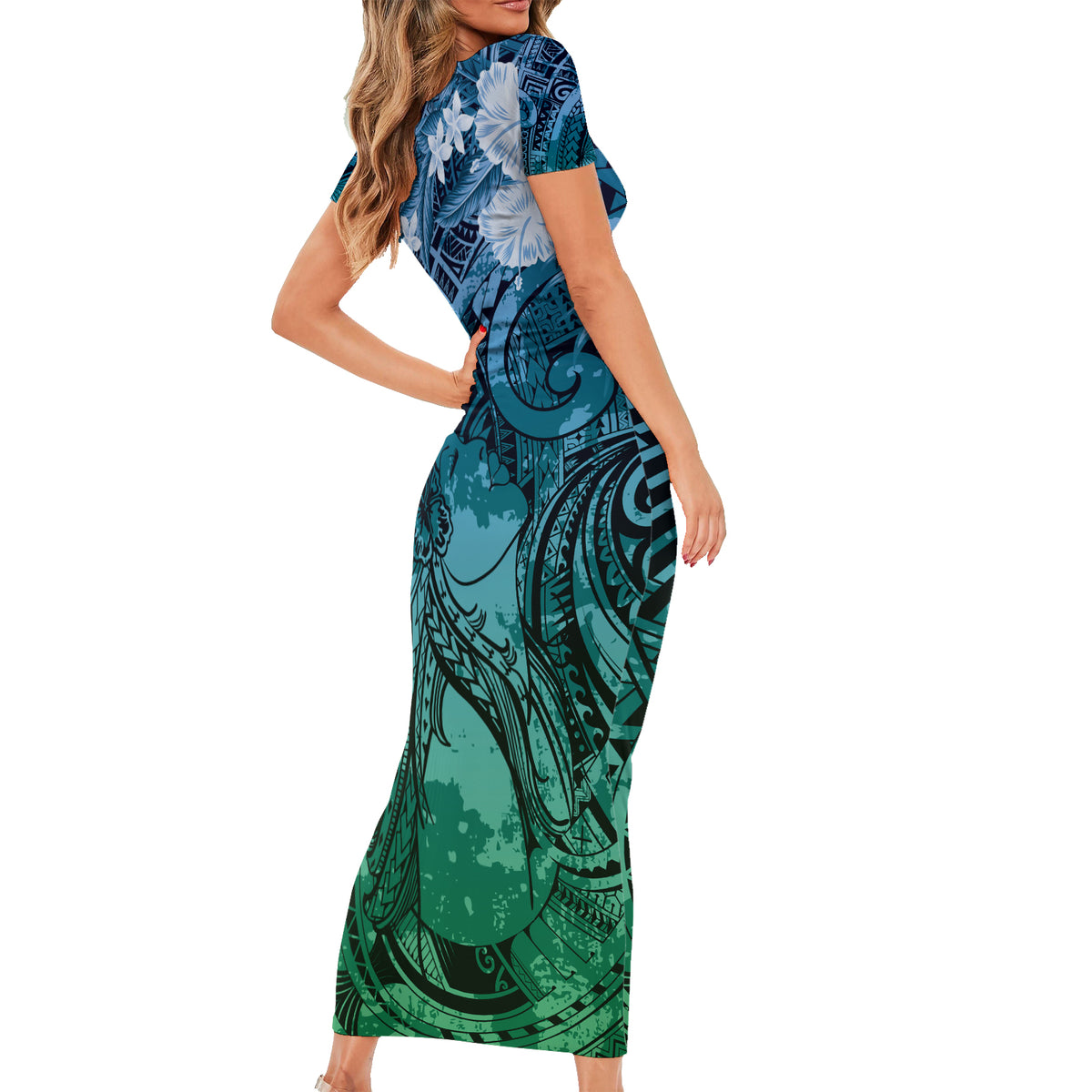 Pacific Beauty Girl Short Sleeve Bodycon Dress Blue Polyneisan Tribal Vintage Motif