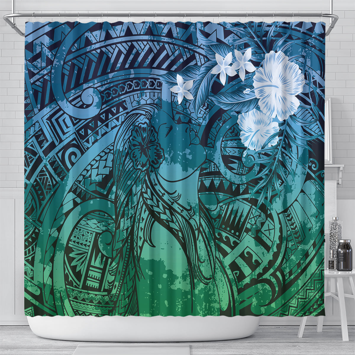 Pacific Beauty Girl Shower Curtain Blue Polyneisan Tribal Vintage Motif
