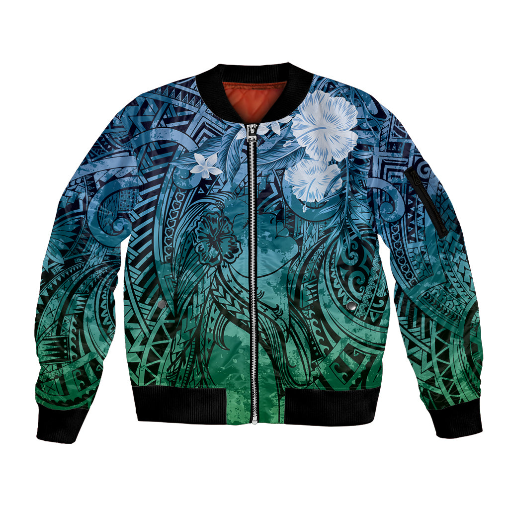 Pacific Beauty Girl Sleeve Zip Bomber Jacket Blue Polyneisan Tribal Vintage Motif LT9 Unisex Blue - Polynesian Pride
