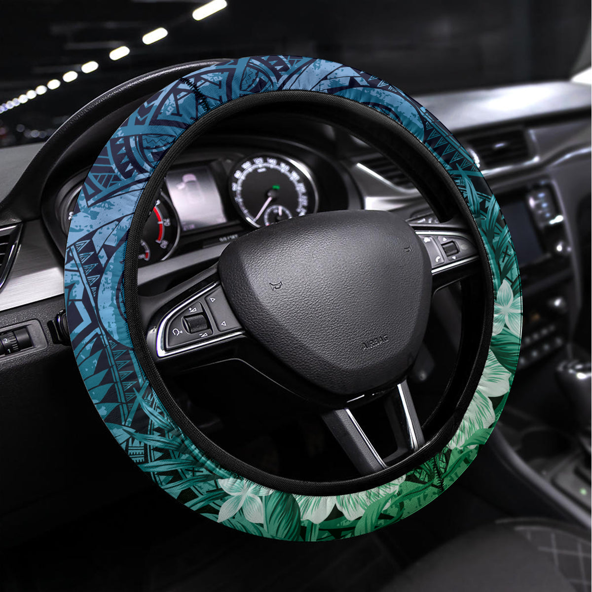 Pacific Beauty Girl Steering Wheel Cover Blue Polyneisan Tribal Vintage Motif