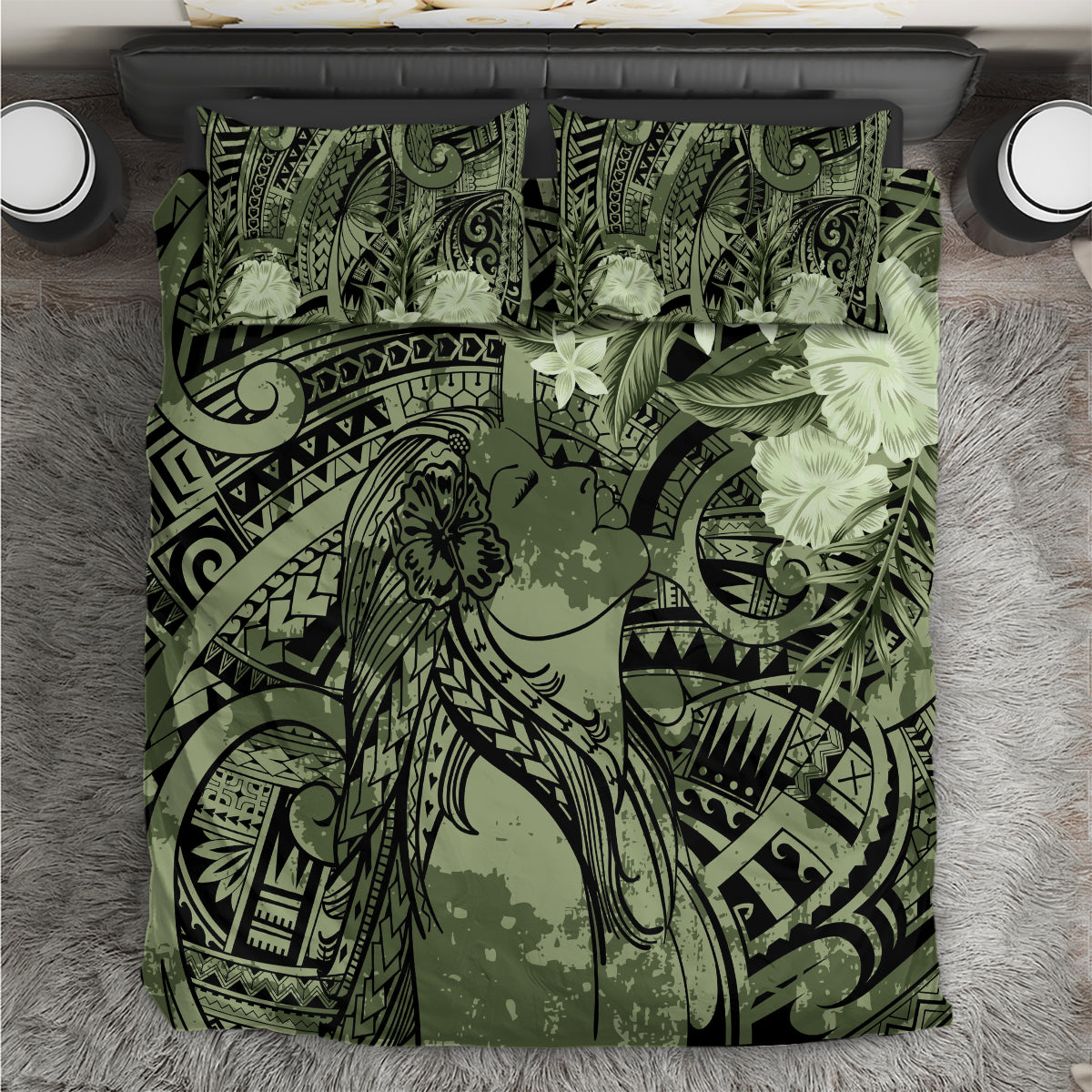 Pacific Beauty Girl Bedding Set Green Polyneisan Tribal Vintage Motif