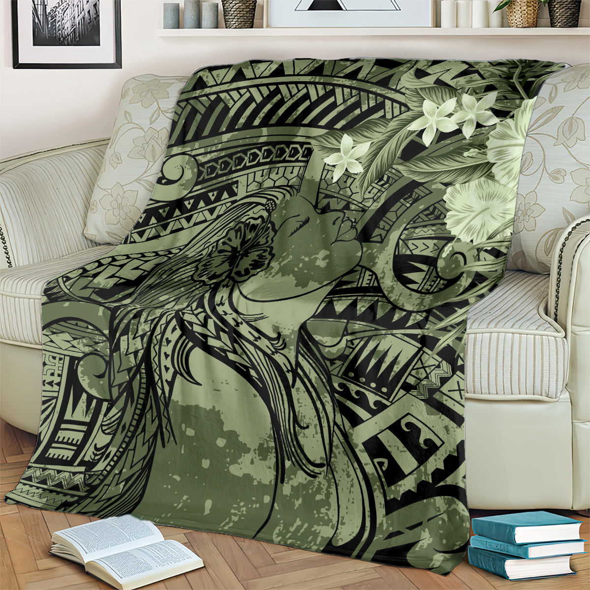 Pacific Beauty Girl Blanket Green Polyneisan Tribal Vintage Motif