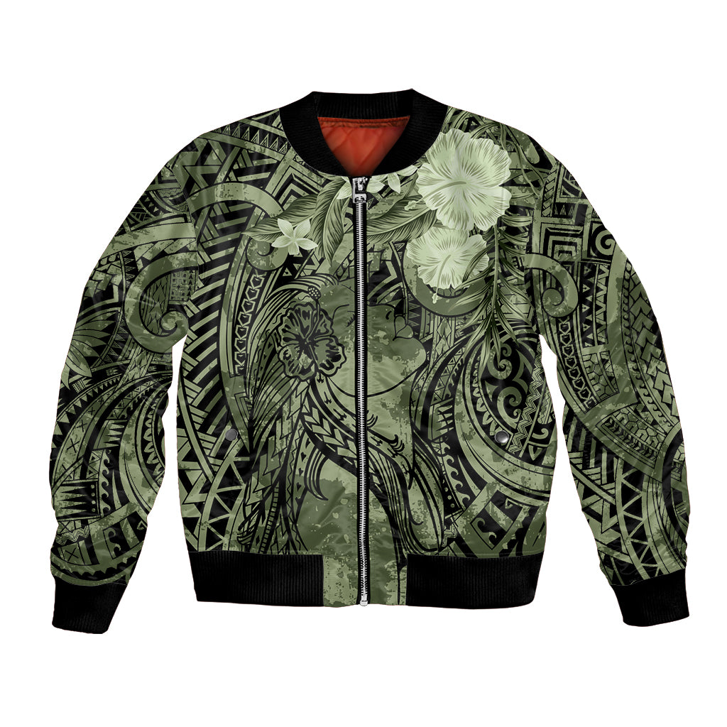 Pacific Beauty Girl Bomber Jacket Green Polyneisan Tribal Vintage Motif LT9 Unisex Green - Polynesian Pride