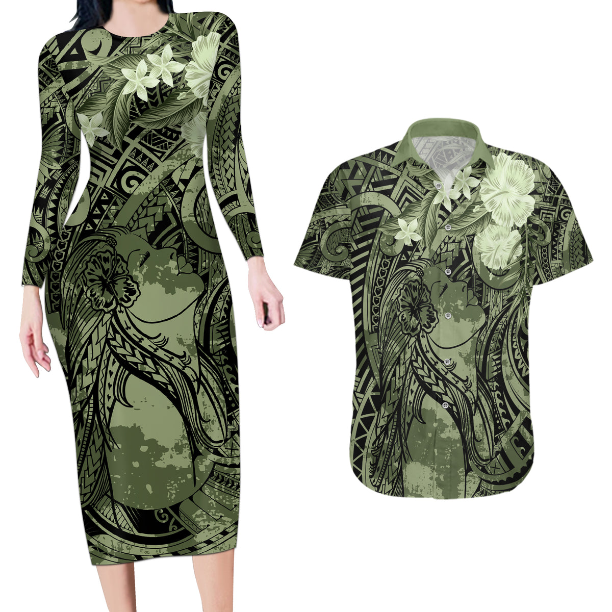 Pacific Beauty Girl Couples Matching Long Sleeve Bodycon Dress and Hawaiian Shirt Green Polyneisan Tribal Vintage Motif LT9 Green - Polynesian Pride