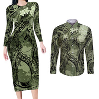 Pacific Beauty Girl Couples Matching Long Sleeve Bodycon Dress and Long Sleeve Button Shirt Green Polyneisan Tribal Vintage Motif LT9 Green - Polynesian Pride