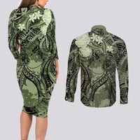 Pacific Beauty Girl Couples Matching Long Sleeve Bodycon Dress and Long Sleeve Button Shirt Green Polyneisan Tribal Vintage Motif LT9 - Polynesian Pride