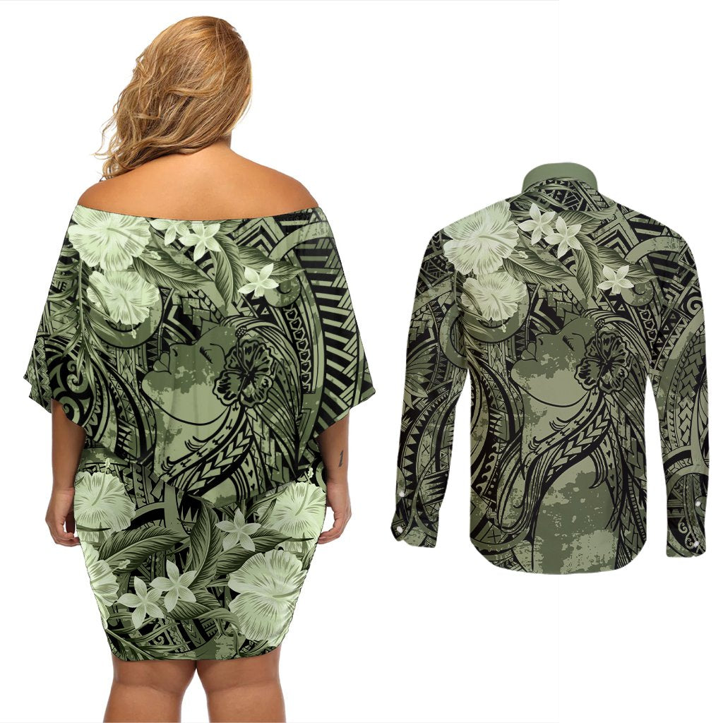 Pacific Beauty Girl Couples Matching Off Shoulder Short Dress and Long Sleeve Button Shirt Green Polyneisan Tribal Vintage Motif LT9 - Polynesian Pride
