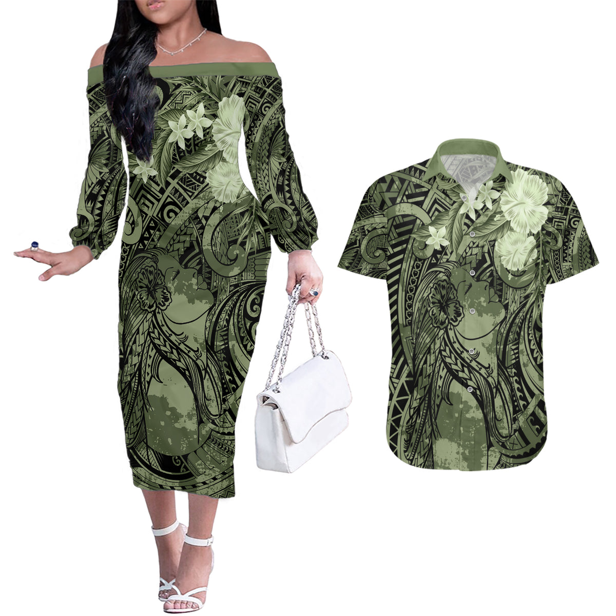 Pacific Beauty Girl Couples Matching Off The Shoulder Long Sleeve Dress and Hawaiian Shirt Green Polyneisan Tribal Vintage Motif
