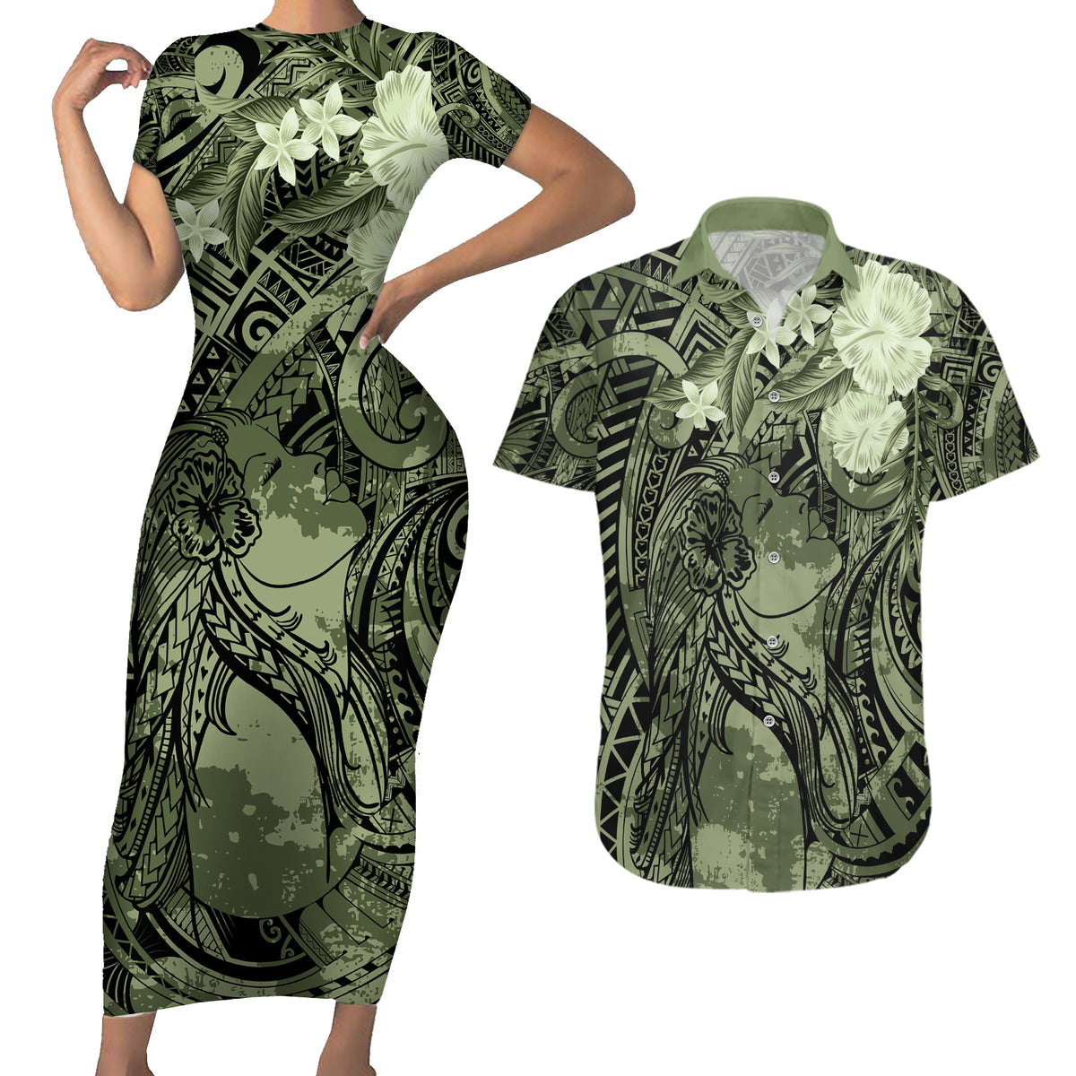 Pacific Beauty Girl Couples Matching Short Sleeve Bodycon Dress and Hawaiian Shirt Green Polyneisan Tribal Vintage Motif LT9 Green - Polynesian Pride