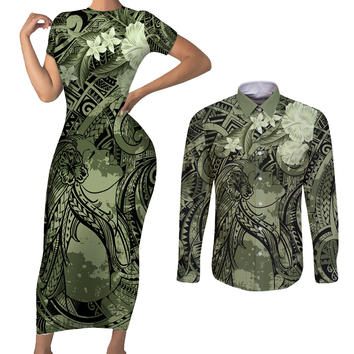 Pacific Beauty Girl Couples Matching Short Sleeve Bodycon Dress and Long Sleeve Button Shirt Green Polyneisan Tribal Vintage Motif LT9 Green - Polynesian Pride