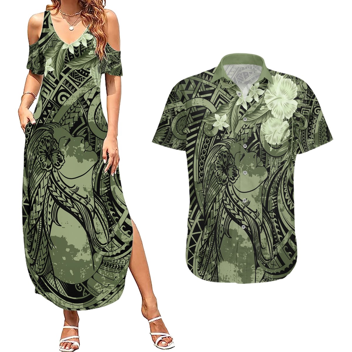 Pacific Beauty Girl Couples Matching Summer Maxi Dress and Hawaiian Shirt Green Polyneisan Tribal Vintage Motif LT9 Green - Polynesian Pride