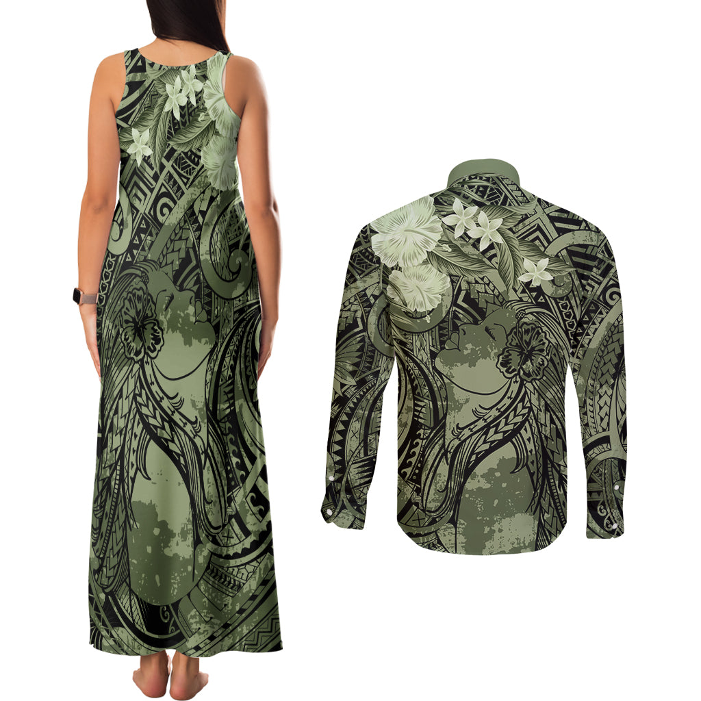 Pacific Beauty Girl Couples Matching Tank Maxi Dress and Long Sleeve Button Shirt Green Polyneisan Tribal Vintage Motif LT9 - Polynesian Pride