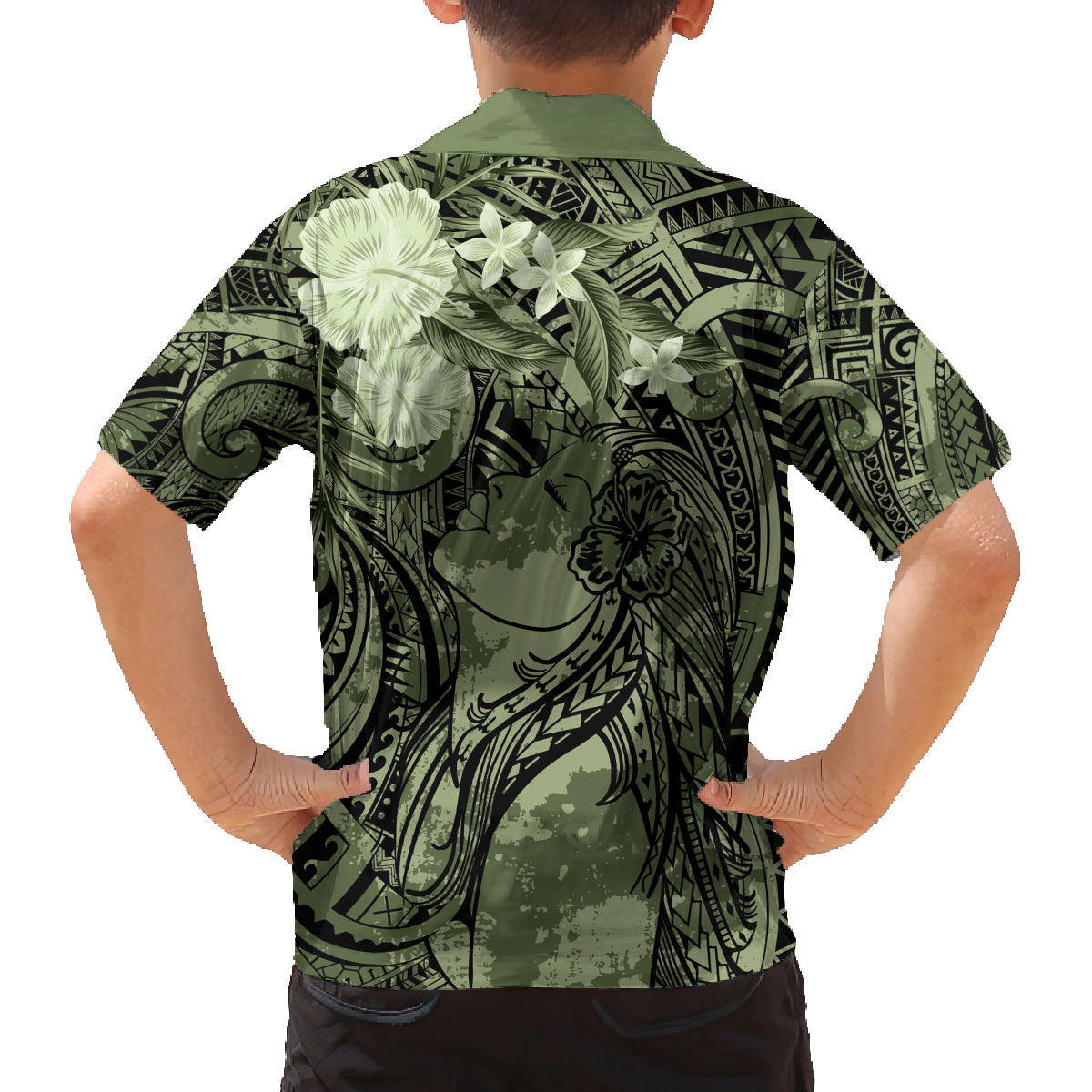 Pacific Beauty Girl Family Matching Off The Shoulder Long Sleeve Dress and Hawaiian Shirt Green Polyneisan Tribal Vintage Motif