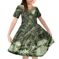 Pacific Beauty Girl Family Matching Tank Maxi Dress and Hawaiian Shirt Green Polyneisan Tribal Vintage Motif