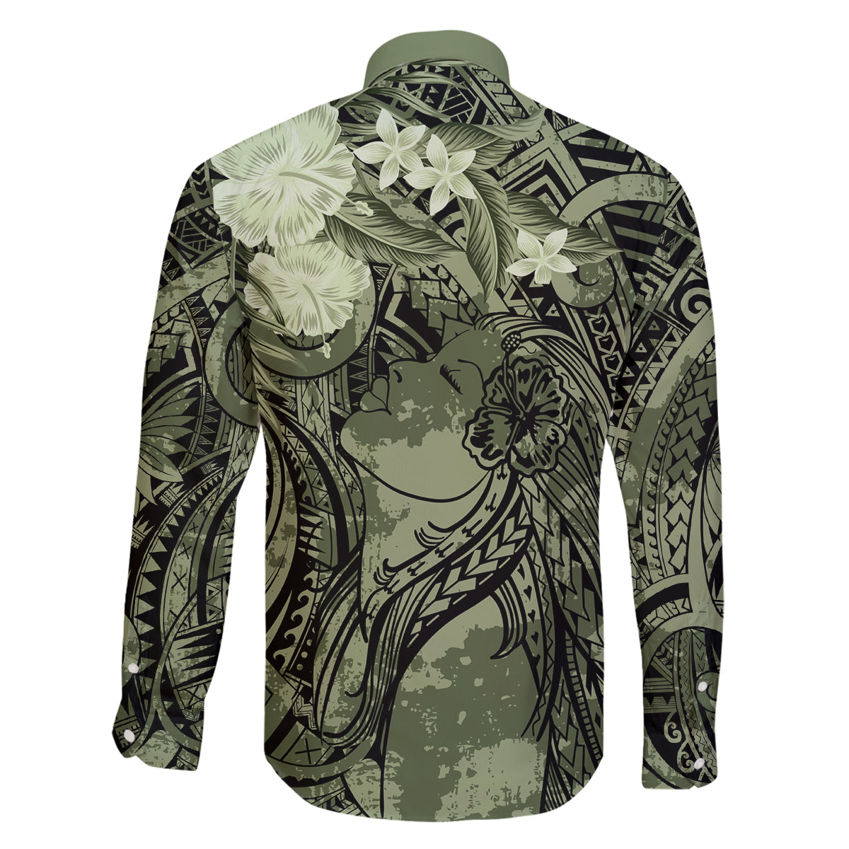 Pacific Beauty Girl Family Matching Tank Maxi Dress and Hawaiian Shirt Green Polyneisan Tribal Vintage Motif