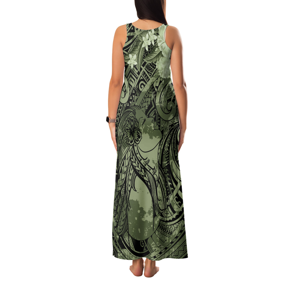 Pacific Beauty Girl Family Matching Tank Maxi Dress and Hawaiian Shirt Green Polyneisan Tribal Vintage Motif