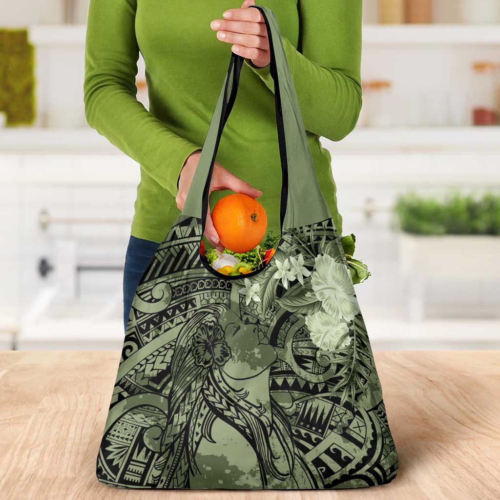 Pacific Beauty Girl Grocery Bag Green Polyneisan Tribal Vintage Motif